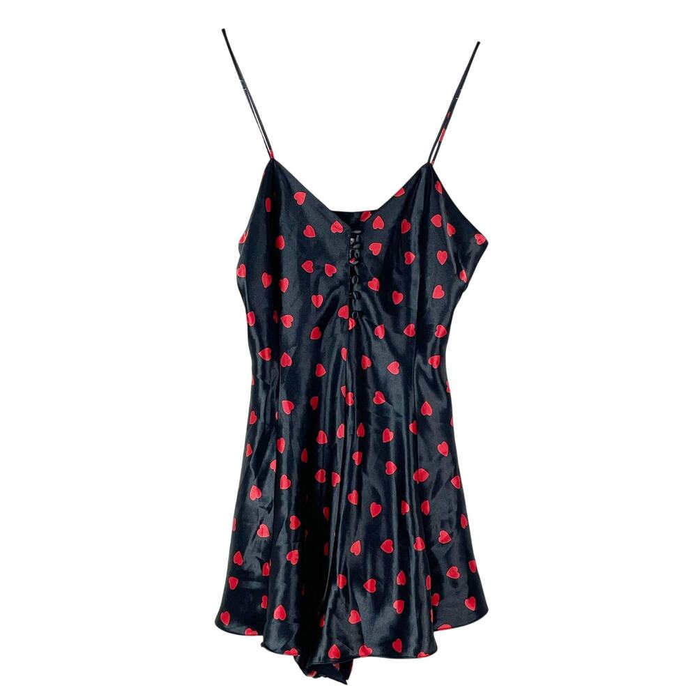 Vintage Sedu Black Satin Nightie Chemise w Red Hearts Size M Bodysuit Buttons